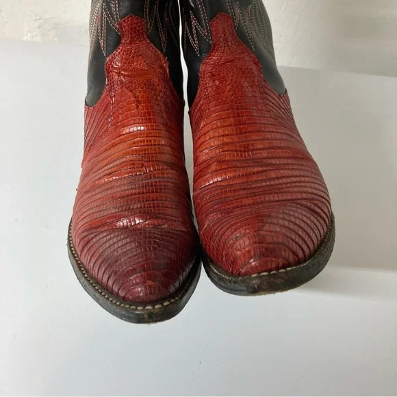 Ralph Lauren Lucchese Red Black leather Cowboy Western Boots vintage inlay 7 - Picture 5 of 16